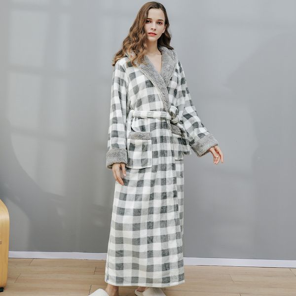 

2021 new women's autumn winter long nightgowns oversized plaid pattern sleepwear female v neck with sashes thicken nightdress q5wp, Black;red