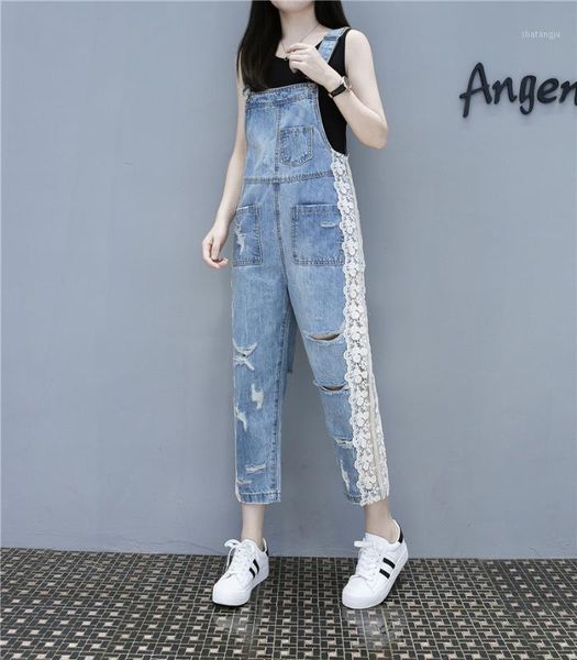 

women denim jumpsuits rompers overalls new hole loose jean pants female lace stitching hollow out hole patchwork casual pants1, Black;white