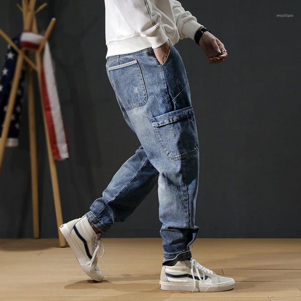 

japanese fashion men jeans blue color loose fit big pocket denim cargo pants harem trousers size s-5xl hip hop joggers jeans men1