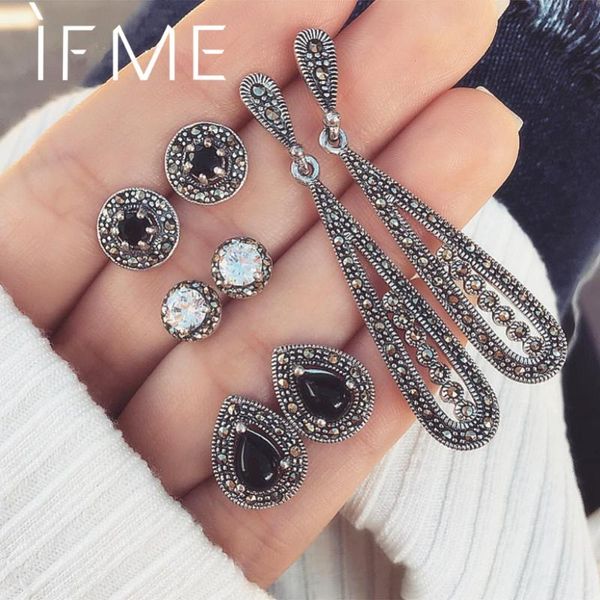 

if me vintage crystal water drop earrings sets for women retro silver color geometric round black dangle earring pierce jewelry
