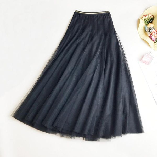 

hlbcbg summer mesh women pleated skirt solid high waist a line tulle skirts chic long tutu skirt holiday beach tulle1, Black