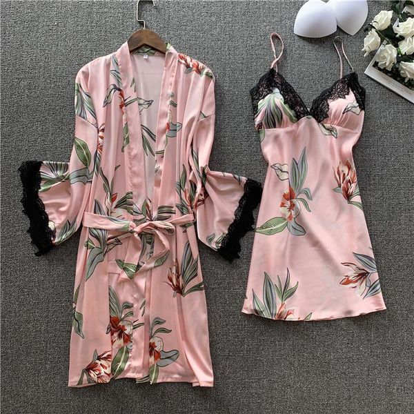 

women's sleepwear lace trim kimono robe gown set women v-neck nightdress suit pink lounge bathrobe flower print rayon home dress with b, Black;red