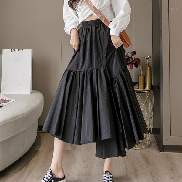 

spring irregular side split a-line solid maxi long skirt women's elegant big flared patchwork ruffles long skirts1, Black