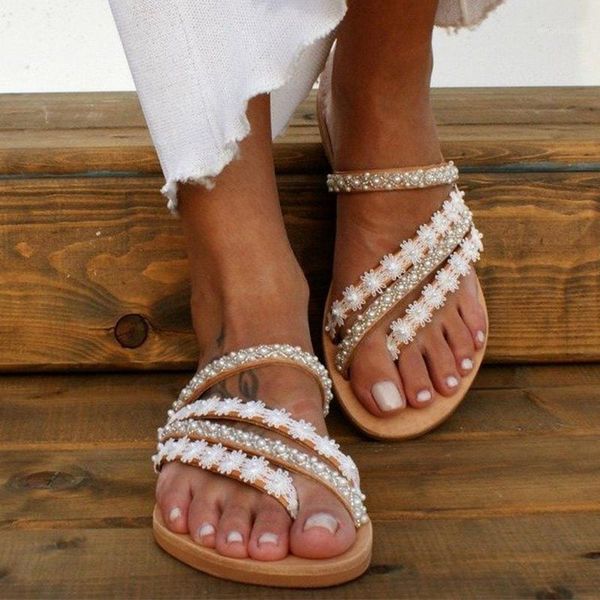 

slippers women's clip toe pearls appliques female flip flop flat sandals ladies flower summer shoes beach fashion woman1, Black