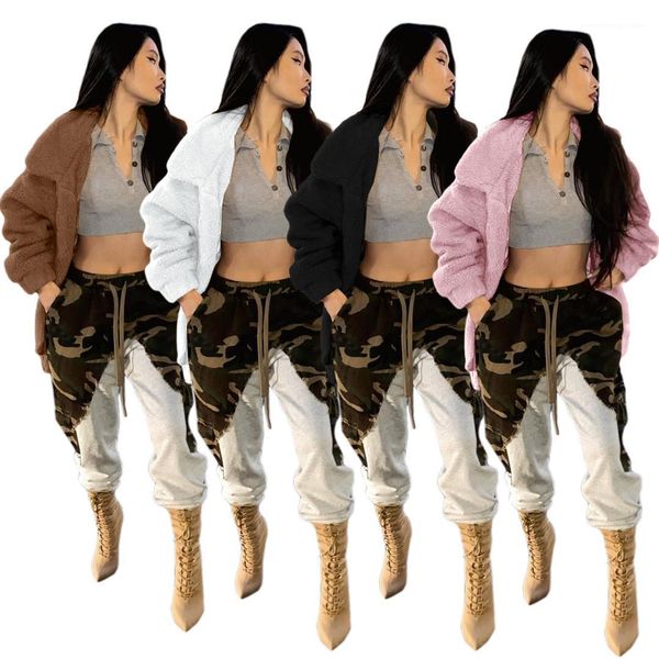 

coat womens designer long sleeve lapel neck zipper winter jackets loose fleece women outerwear clothes solid color woolen, Black;brown