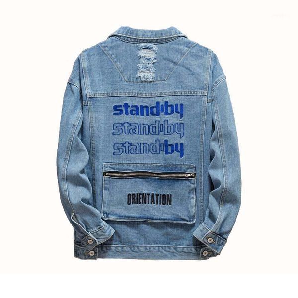 

mcikkny spring autumn men's ripped pleated denim jackets letter embroidered back pockets for male blue1, Black;brown