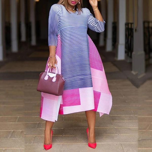 

striped summer dress women fashion three quarter sleeve asymmetrical women color block midi plus size dresses party office lady, Black;gray