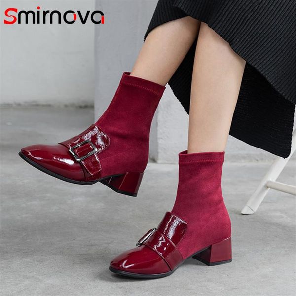 

smirnova 2020 big size 43 women ankle boots buckle patent leather square heels dress party shoes fashion autumn winter booties, Black