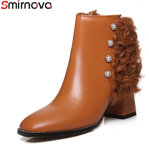 

boots smirnova arrival 2021 fashion square toe thick heels faux fur genuine leather ankle for women winter shoes1, Black