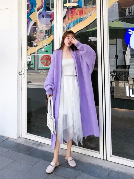 

brand famous new 2021 spring ladies purple color long faux mink velvet cardigan coats1, White