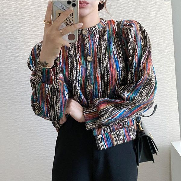 

women's jackets coats and women 2021 vetement femme rainbwo striped single breasted chic clothing screw neck vintage xc066, Black;brown