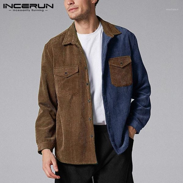 

autumn pockets chemise incerun leisure corduroy men shirts vintage patchwork loose camisa long sleeve lapel neck blusas s-3xl 71, White;black