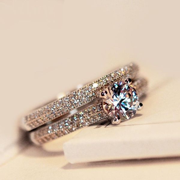 

wedding rings micro-set ring set with clear zircon engagement women's fashion party ladies fine jewelry gift, Slivery;golden