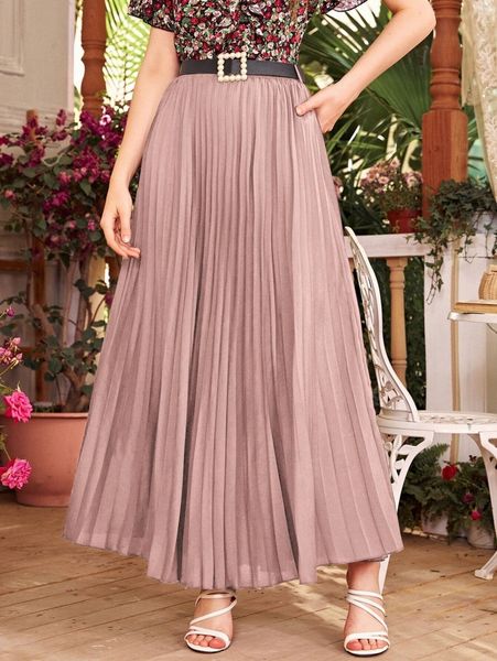 

accordion pleat belted maxi skirt 2641#, Black