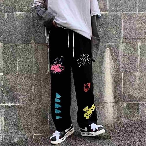 

nicemix punk high wasit мужские брюки весна летние новые мужские широкие брюки для ног partten печать повседневные длинные брюки для пар, Black