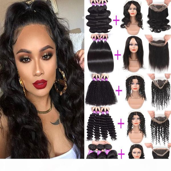 

9a malaysian pre plucked 360 lace frontal with 3 bundles deep wave kinky curly virgin human hair weave bundles with 360 lace frontal, Black