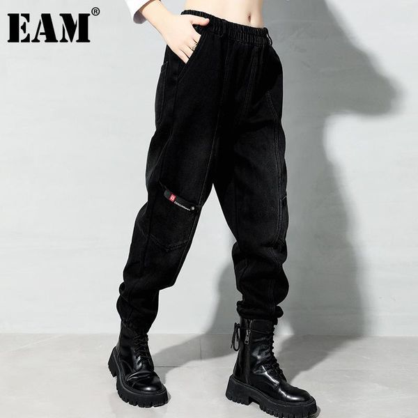 

eam] black pockets long denim thick high elastic waist trousers new loose fit pants women fashion spring autumn 2021 1dd3702, Black;white