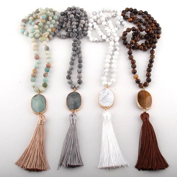 

pendant necklaces fashion bohemian jewelry semi precious stones long knotted stone tassel women ethnic necklace dropship, Silver