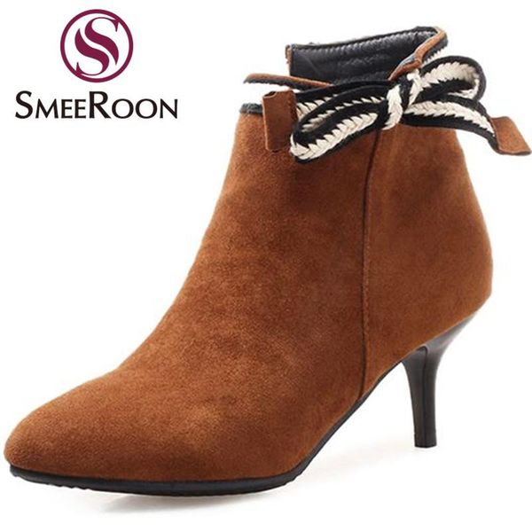 

smeeroon big size new arrive flock ankle boots zipper boots pointed toe warm winter women's shoes with butterfly-knot, Black
