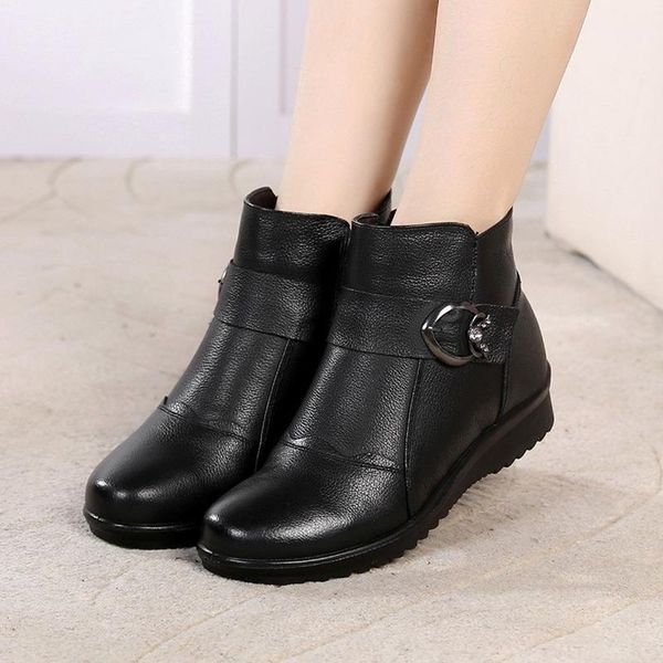 

winter 2020 new warm wool fur ankle boots genuine wool full grain leather long plush snow boots women wedges shoes1, Black