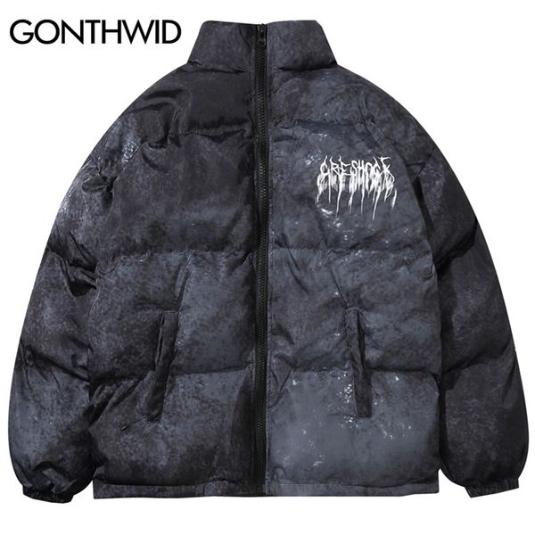 

gonthwid graffiti ink tie dye print cotton padded puffer parka jackets streetwear hip hop winter casual punk rock parkas hipster 201210, Black