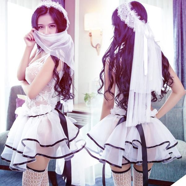 

2021 new 5 colors 1pc white bride wedding dress uniforms perspective lace gauze outfit erotic lingerie costumes ad0793, Red;black