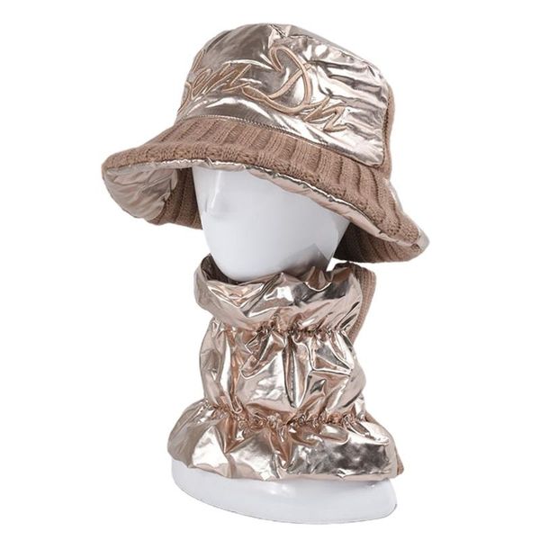 

winter 2pcs bucket circle scarf set shiny metallic knit letters embroidery fisherman cap plush lined neck warmer, Blue;gray