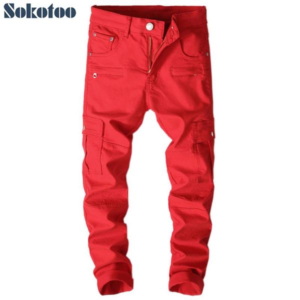 

men's jeans sokotoo red patchwork pockets cargo slim fit stretch denim pencil pants, Blue