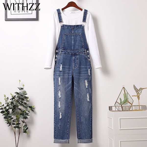 

withzz autumn woman's plus size loose ripped hole denim overalls asian size jeans y1214, Blue