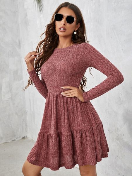 

rib-knit ruffle hem dress s11b#, Black;gray