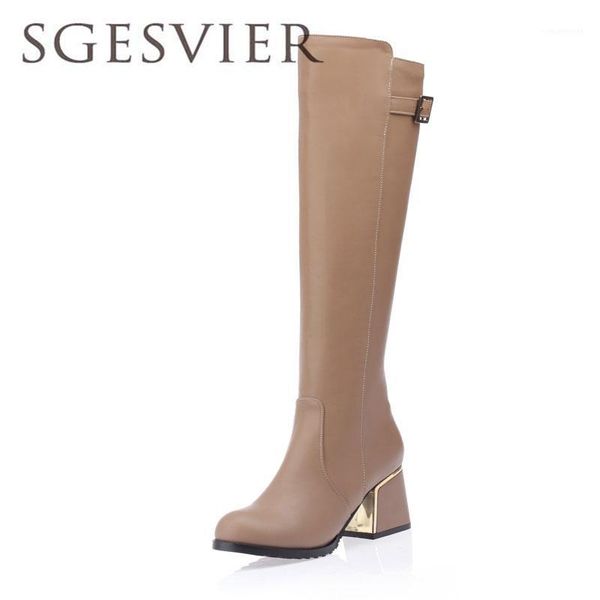 

boots sgesvier winter womens high square heels shoes women quality knee-high motorcycle size 49 ox0041, Black