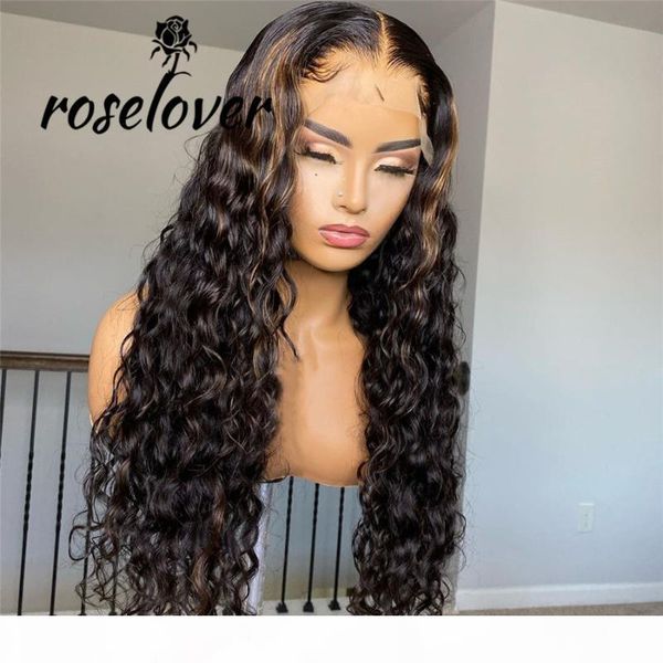 

roselover 180% highlight curly lace wig for black women 4*4 lace closure wig bleached knots remy human hair pre plucked, Black;brown