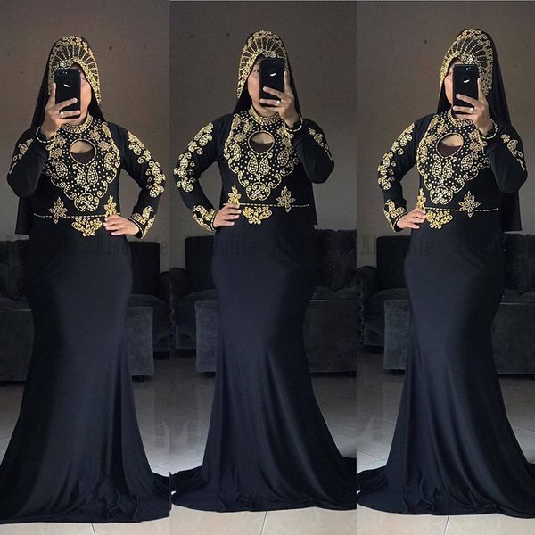 Robe De Soiree De Mariage Nero Tunisino India Abiti Da Sera Del Partito Per Le Donne Maniche Lunghe Perline Oro Sirena Abiti di Promenade