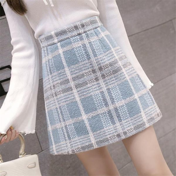 

autumn high waist woolen skirt women korean style plaid skirts short hip package mini skirt female saias jupe femme plus size, Black