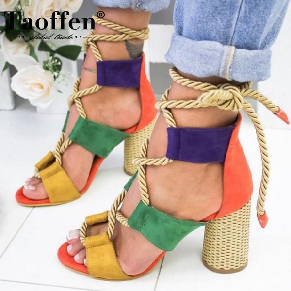 

taoffen summer square heel women sandals 7cm heel peep toe shoes women lace up fashion platform footwear size 35-431, Black