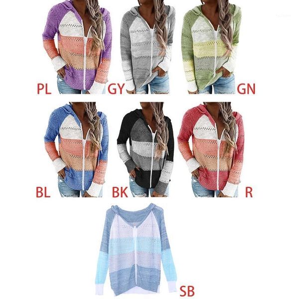 

women hollow out knit hoodie sweater raglan long sleeve drawstring jacket color block striped full zip cardigan coat 5xl1, White