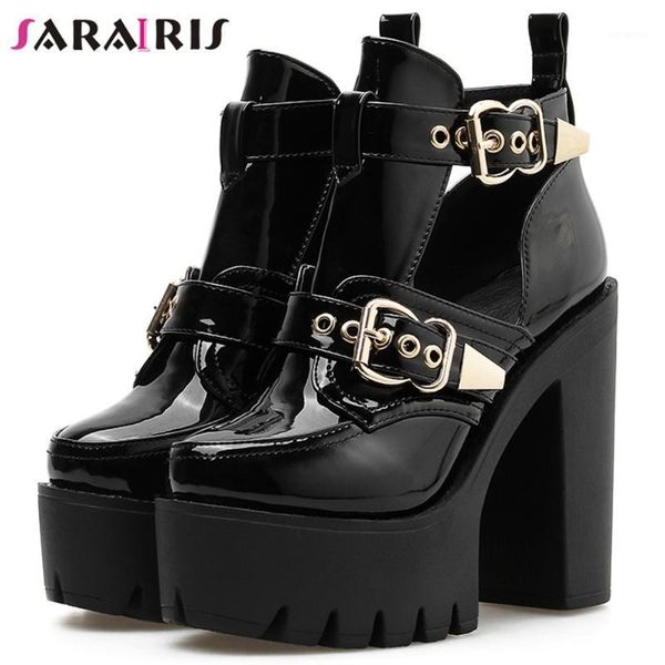 

sarairis platform buckle metal block heel ankle boots women party casual brand designer boots ladies round toe shoes1, Black