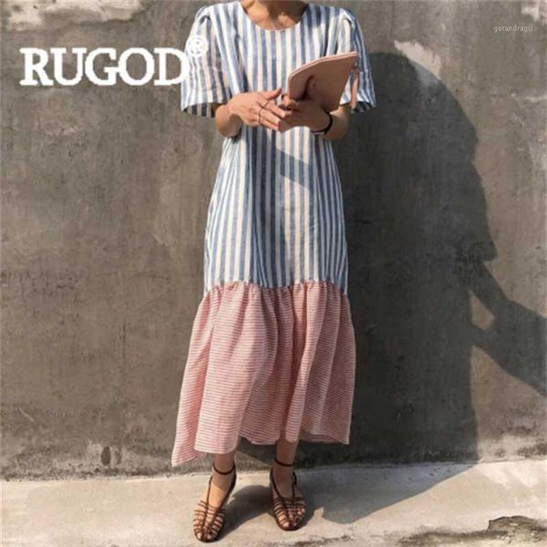 

rugod 2020 new arrivals korean chic summer dress female o-neck color blocking striped loose straight dresss casual lady robe1, White;black