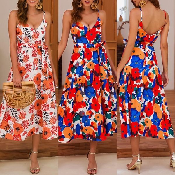 

summer new suspender dress lace up waist slimming printed dress zipper backless woman dress 2021, Black;gray