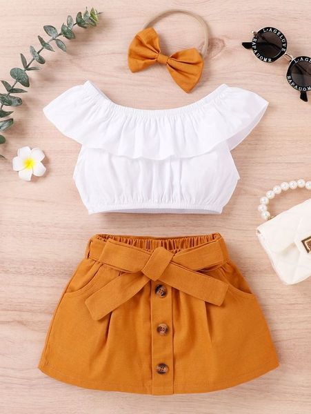 

baby ruffle trim & belted skirt with headband she, White