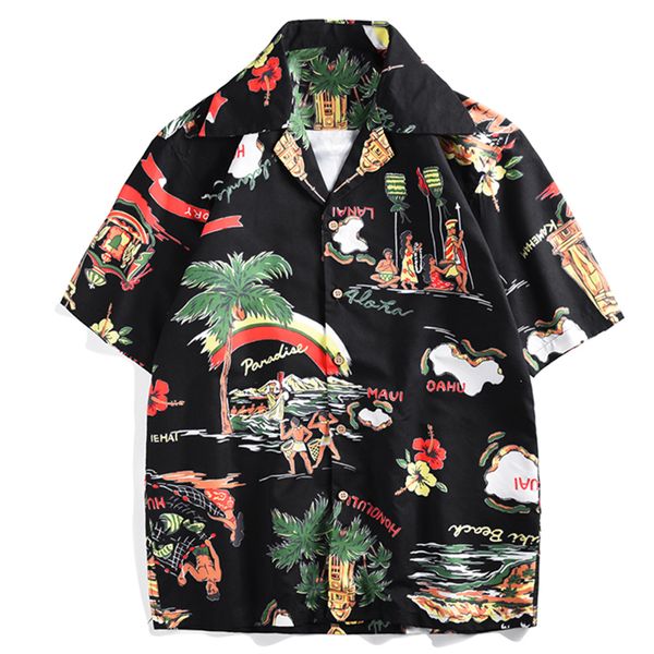 

2021 new aelfric eden hawaiian style print hip hop casual streetwear men summer harajuku beach loose short sleeve shirt black t9l7, White