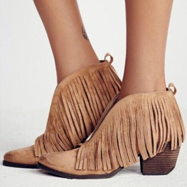 

boots women ankle with tassels chunky heel v open ladies slip on fringed pumps shoes female botas mujer, Black