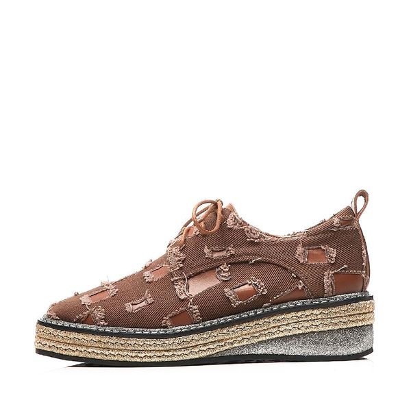 

dress shoes leather lady's with wedge heels and lacing increase fashion retro do old cane plaited square head thick sole, Black