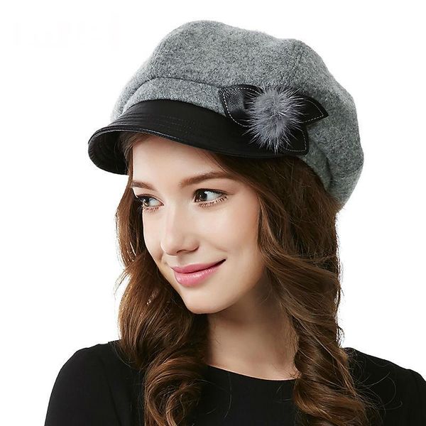 

berets 2021 winter lady fashion sboy hats felt octagonal cap women grade wool beret 56-58cm, Blue;gray