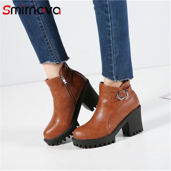 

boots smirnova large size shoes 2021 winter pu leather platform ladies super high heels ankle woman, Black