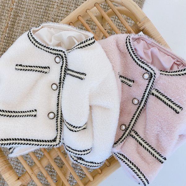 

2021 new spring korean style baby girls boys coat lady style pearl outwear fashion clothes e005, Blue;gray