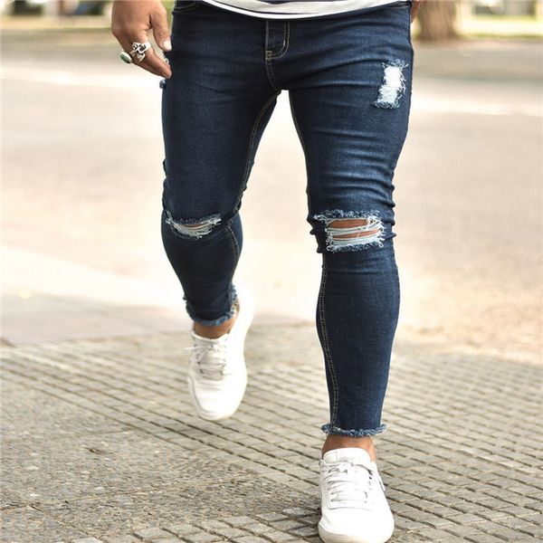 

skinny mens jeans blue color hole slim pencil pants autumn winter fashion casual men denim trousers