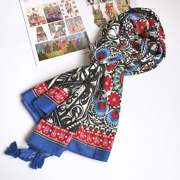 

women cotton scarf twill totem pattern ethnic long shawl female large wrap brand pashmina [1833] 201224, Blue;gray