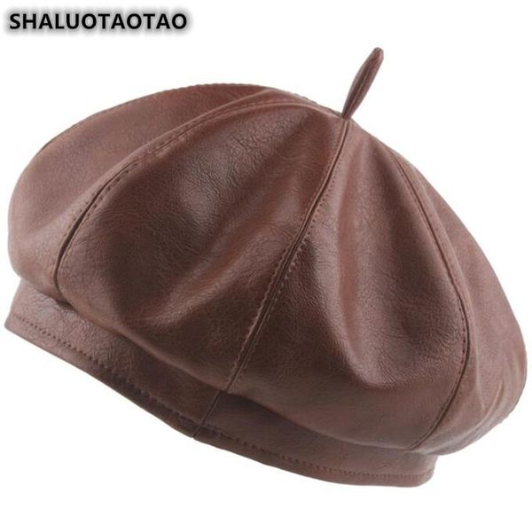 

berets shaluotaotao beret for women's autumn trend quality pu leather elegant vintage ladies brands leisure sports cap casquette, Blue;gray