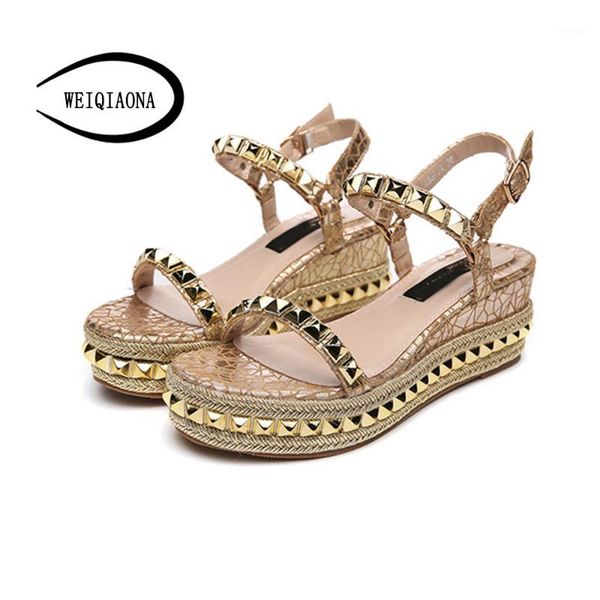 

weiqiaona summer high heels round head studded women's sandals wedges women's shoes rome1, Black